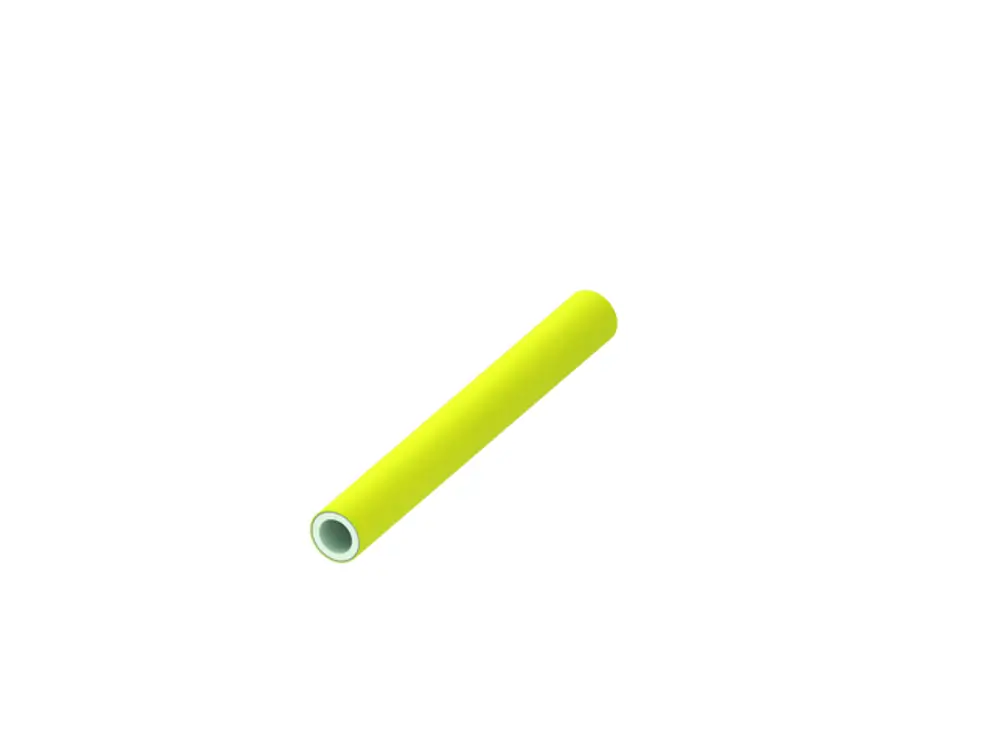 Gelbes Verbundrohr von TECE, cylindrical, mit glatter Oberfläche und hohlem Inneren, auf weißem Hintergrund.